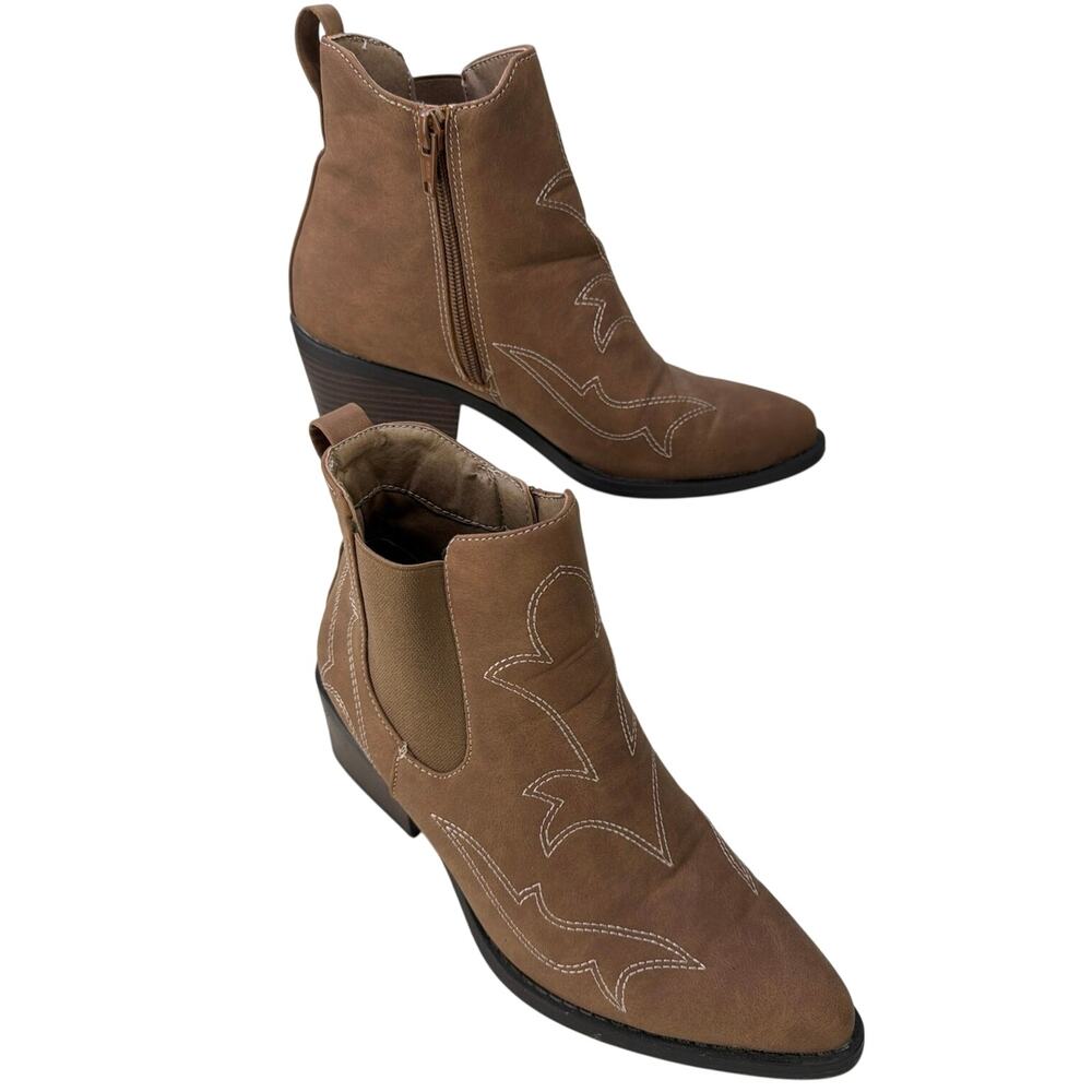 Serra Womens Western Stitching Tan Ankle Zip Chelsea Style Side Goring Boots S 9